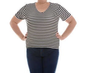 Overweight woman on white background, closeup. Weight loss