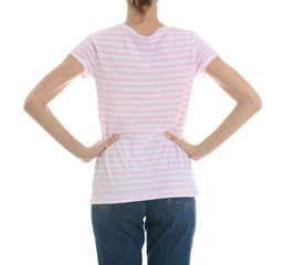 Obraz premium Young slim woman on white background, closeup. Weight loss