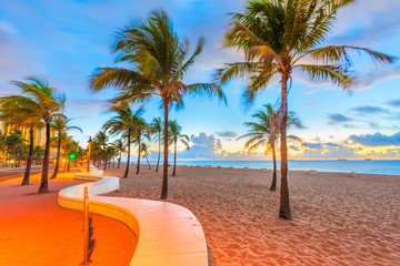 Fort Lauderdale, Florida, USA beach and life guard tower at sunrise.