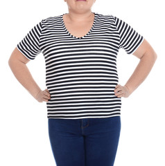 Obraz premium Overweight woman on white background, closeup. Weight loss