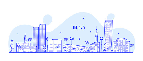 Tel Aviv skyline Israel city buildings vector line - obrazy, fototapety, plakaty
