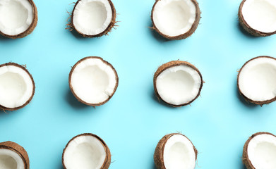 Coconut pattern on color background, flat lay