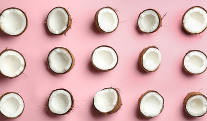Coconut pattern on color background, flat lay