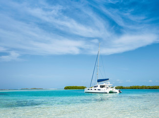Catamaran anchored near de beach at Los Roques Archipelago  Venezuela on a sunny day in a beautiful island