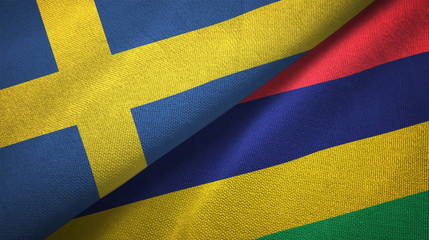 Sweden and Mauritius two flags textile cloth, fabric texture