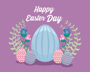happy easter day card with eggs and flowers