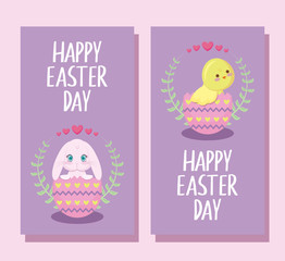 happy easter day cards with cute rabbit and chicken