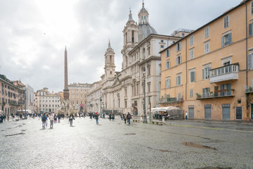 Fototapeta na wymiar ROME, ITALY - January 17, 2019: Piazza di Spagna, The square is the famous Fontana della Barcaccia of the baroque period, Rome, ITALY