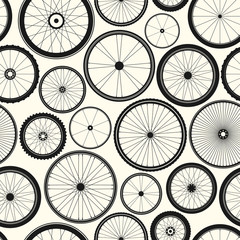 Bicycle wheel seamless pattern. Bike rubber mountain tyre, valve. Fitness cycle, mtb, mountainbike. Vector illustration.