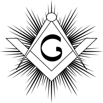 Masonic symbol of square and compass,  with rays and G letter