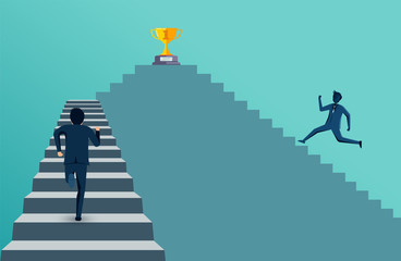 businessman competing run up on staircase go to trophy goal. destination, victory  to success concept with idea. leadership concept. ladder to success business. cartoon vector illustration