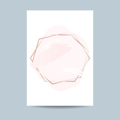 Abstract pastel pink brush background with hexagons geometric frame rose gold color