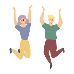Fototapeta na wymiar People jumping vector illustration, woman and man characters