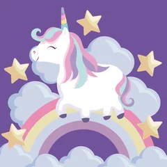 Tuinposter cute unicorn with rainbow and clouds © djvstock