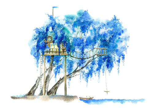 Tree house for kids.Willow and lake.Swing, slide,boat,bungee and playhouse.Summer image.White background. Watercolor hand drawn illustration.