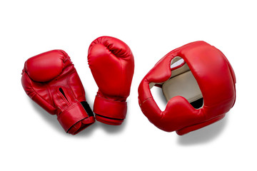 Two red Boxing gloves and a protective Boxing helmet isolate on a white background