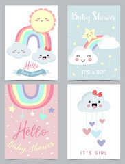 Colorful hand drawn cute card with rainbow,heart,cloud,sun and rain.Rainbow make me happy