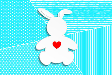 Greeting card for a children's holiday or Birthday. Bunny Rabbit cut out from paper on the decoration background