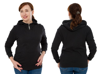Front back and rear black sweatshirt view. Woman in template hoody clothes for print and copy space...