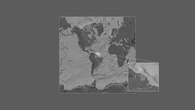 French Guiana area framed and extracted from the global bilevel map in the van der Grinten I projection with animated oblique transformation