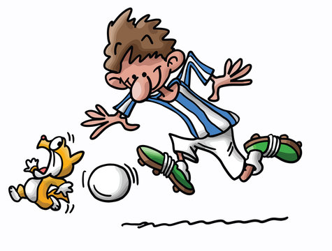 Cartoon cat and man playing football vector illustration