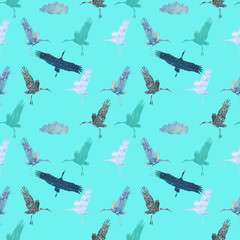 Seamless pattern with storks and clouds. Watching mixed media hand painted sky through storks. Silhouette design for wallpapers and fabrics
