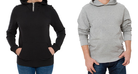 Woman and man set in sweatshirt front view. Guy and female in template hoody clothes for print and copy space isolated on white background. Mockup. Cropped image
