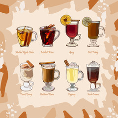 Gorące klasyczne koktajle ustawiają ilustrację. Alkoholiczny ciepły bar pić ręcznie rysowane wektor zbiory. Elementy obrazu w menu pop-artu. - 250864433