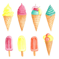  watercolor set of pink, turquoise, orange ice cream and fruit ice