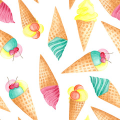 watercolor pattern of pink, turquoise, orange ice cream and fruit ice