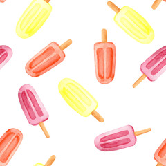 watercolor pattern of pink, turquoise, orange ice cream and fruit ice