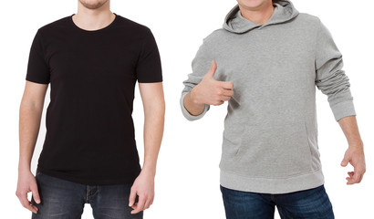 T shirt and sweatshirt template. Men in black tshirt and in grey hoody. Front view. Mock up...