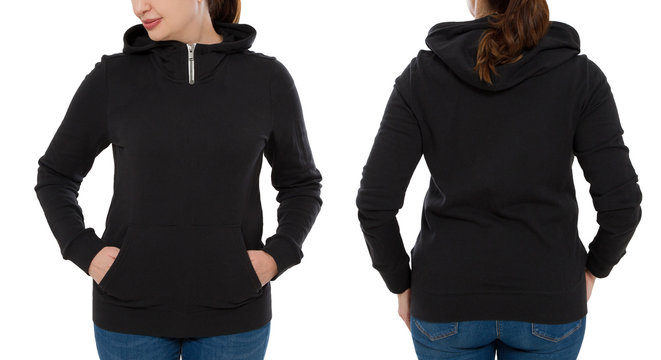 Front back and rear black sweatshirt view. Woman in template hoody clothes for print and copy space isolated on white background. Hoody Mockup. Cropped image