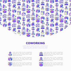 Coworking office concept with thin line icons: workplace, meeting room, conference hall, smart office, parking, reception,  fast internet, IT support, recreation zone. Vector illustration