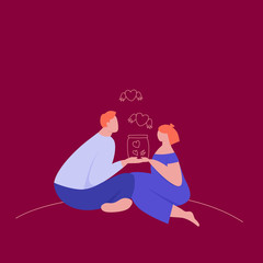 Couple in love holding a jar of hearts. Hearts with wings fly out.