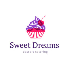 Cupcake with cherry. Logo sweet shop. Dessert vector.