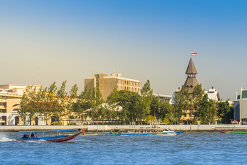 Thammasat University, Tha Pachan campus view from Chao Phraya River. Thammasat is Thailand's second oldest institute of higher education, established in 1934 near the Grand Palace in Bangkok Old City.