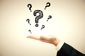 Double exposure of man hands with question marks. Consept of asking and searching information.