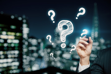 Double exposure of man hands with question marks. Consept of asking and searching information.