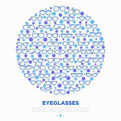 Eyeglasses concept in circle with thin line icons: sunglasses, sport glasses, rectangular, aviator, wayfarer, round, square, cat eye, oval, extravagant, reading. Vector illustration for print media.