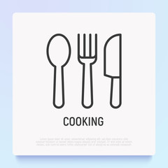 Cutlery set: spoon, fork, knife thin line icon. Modern vector illustration.