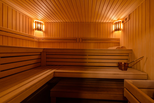 Sauna Interior Spa Room. Relax In A Hot Sauna, Finland