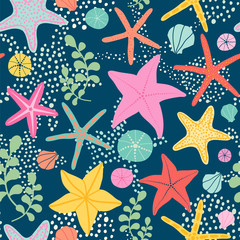 Seamless vector pattern with starfish on the dark background. 
