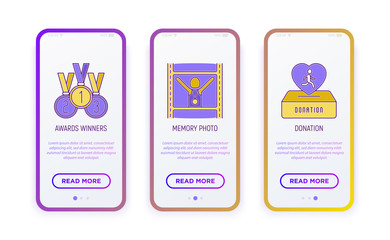 Marathon thin line icons set: award, memory photo, donation. Vector illustration for user mobile interface.