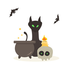 Composition on the theme of potion-making and magic. Great for greeting cards, invitations, posters, flyers, textiles, t-shirts, stationery, souvenirs. Suitable for celebrating Halloween.