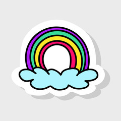 Isolated image for badge, sticker or patch. Vector illustration. Magic rainbow on the cloud