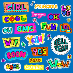 Set of colorful cartoon badges. Known abbreviations and popular words .Vector illustration use as patch, sticker, pin