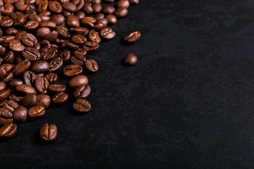 Fragrant coffee beans on rustic tabletop background. Banner copy space.