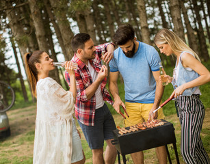 Young people enjoying barbecue party in the nature