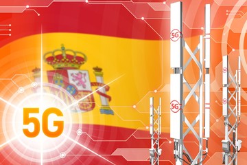 Spain 5G industrial illustration, huge cellular network mast or tower on modern background with the flag - 3D Illustration